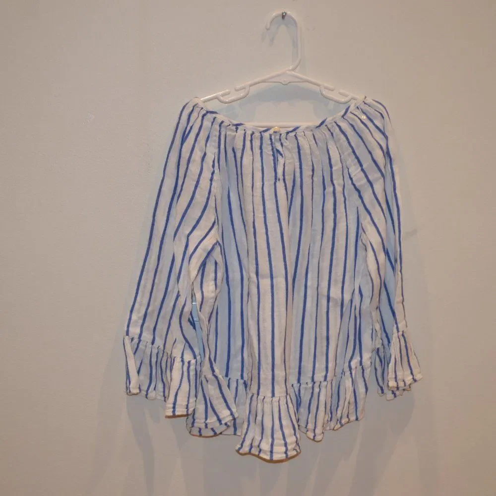 Polo Ralph Lauren Girls (8) Striped Summer Blue White Peplum Blouse Top